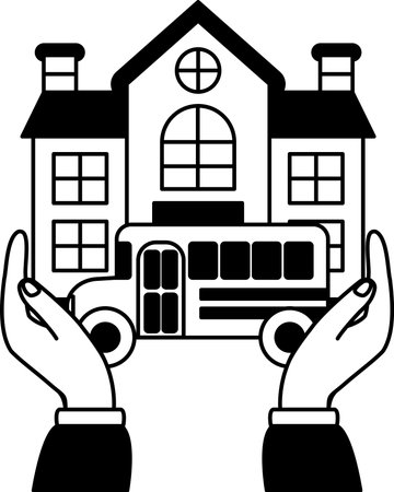 black and white two hands holding a school and school busのイラスト素材