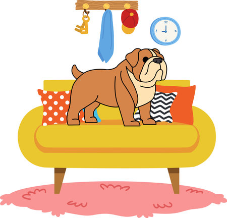 A pitbull dog is standing on a yellow couchのイラスト素材