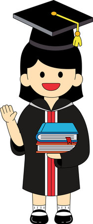 A young woman in a graduation gown is holding a stack of booksのイラスト素材
