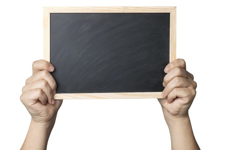 hands holding a blank blackboardの写真素材