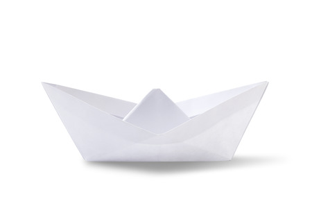 Origami paper ship isolated on white backgroundの写真素材