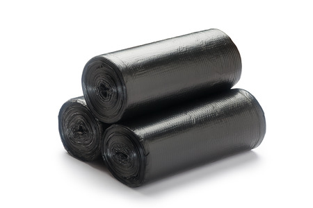 Roll of plastic garbage bags isolated on white backgroundの写真素材