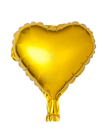 Heart-shaped golden foil balloon isolated on white backgroundの写真素材