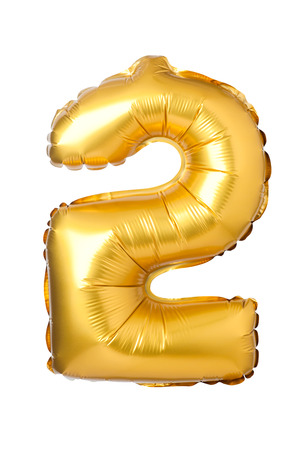 Number 2 of golden balloons isolated on a white backgroundの写真素材