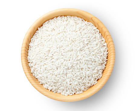 Top view of glutinous rice in a wooden bowl.の写真素材
