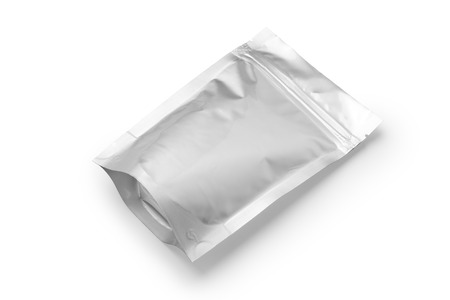 Silver foil zipper bag packaging, Isolated on white.の写真素材