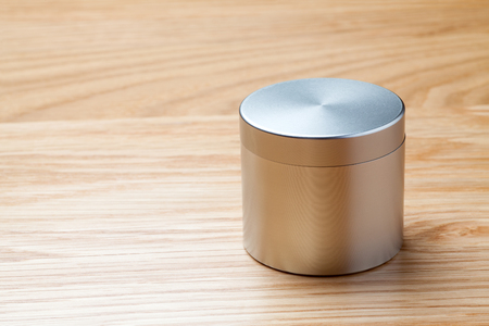 Metal can   on wooden tableの写真素材