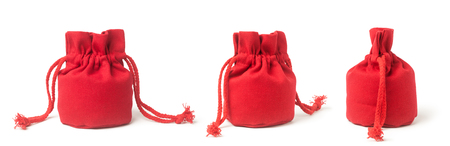 Red burlap bags isolated on a white backgroundの写真素材