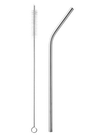 stainless steel drinking straw with cleaning brush isolated on white backgroundの写真素材