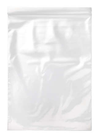 transparent plastic zipper bag isolated on white backgroundの写真素材