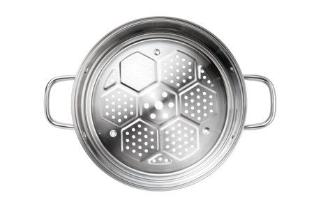 Stainless steel steamer tray isolated on white background. Kitchenware. Top view.の写真素材