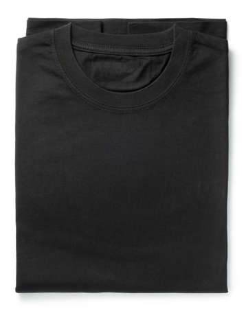 Black folded t-shirt isolated on white background. Top view.の写真素材