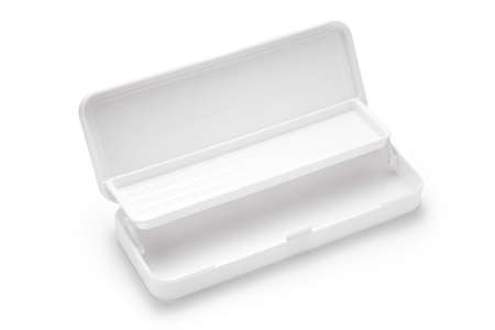 Empty pencil box isolated on white background.の写真素材
