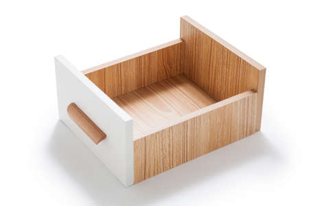 Empty wooden drawer isolated on white backgroundの写真素材