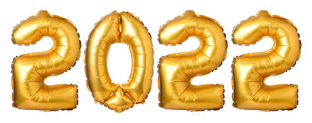 Numbers 2022 made of golden balloons isolated on white background. New year concept.の写真素材