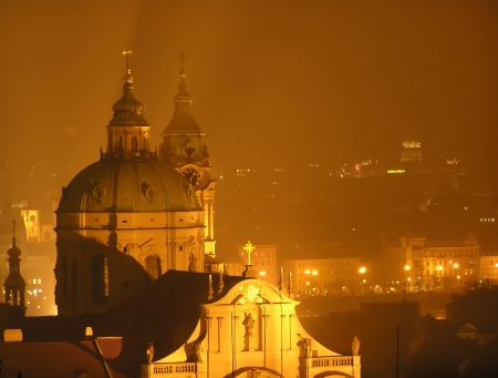 Night view of St. Nicholas Church, Town Square, Prague, Czech Republicの写真素材