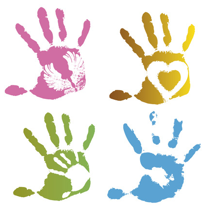 Collection of colored imprint hands, vector illustration on white backgroundのイラスト素材