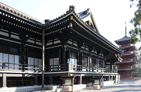 Japanese wooden decorated spiritual temple, detail of black and red buildingの写真素材