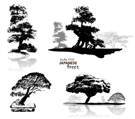 Silhouette of japanese trees black on white background, vector illustrationのイラスト素材