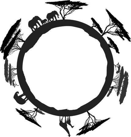 Black silhouette of world with animals, elephant, giraffe, isolated on white backgroundのイラスト素材