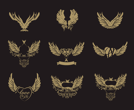 Collection of golden grunge wings isolated on black, tattoo, vectorのイラスト素材