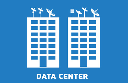 Simple illustration of data center with satelite on the top, building with servers, blue backgroundのイラスト素材