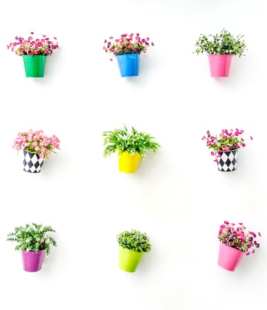 Artificial colorful flowers pots hang onto the wallの写真素材