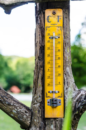 Wooden thermometer on old wood poleの写真素材