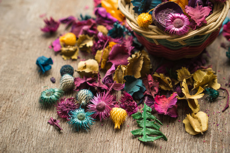 Herbal natural floral, dry flowers on wooden table.の写真素材