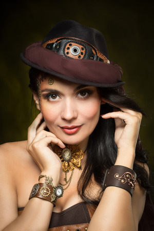 Portrait of a beautiful steampunk womanの写真素材