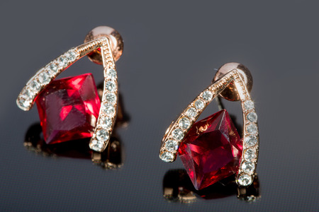 Pear Diamonds Earrings. red gemsの写真素材