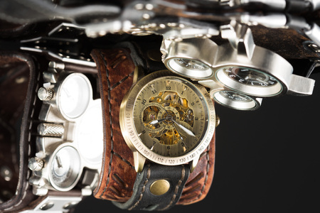 unusual watches. several alternatives dials. wide leather braceletの写真素材