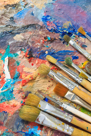 oil drawing board with pen. brush paletteの写真素材