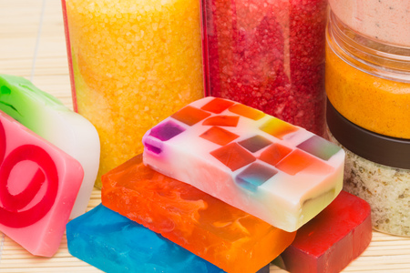 Set for spa. colorful Handmade soap. salt and foam bathの写真素材