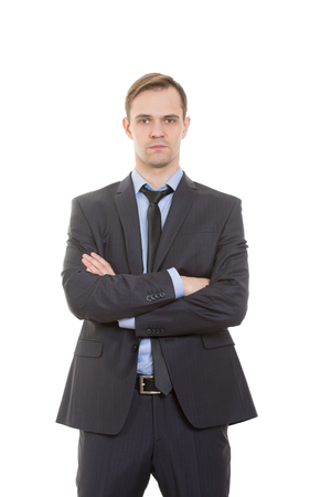 body language. man in business suit isolated on white background. gestures of arms and hands. posture of superiority. emphasis thumbsの写真素材