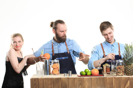 drunk girl clings to the bartenders. Isolated on white backgroundの写真素材