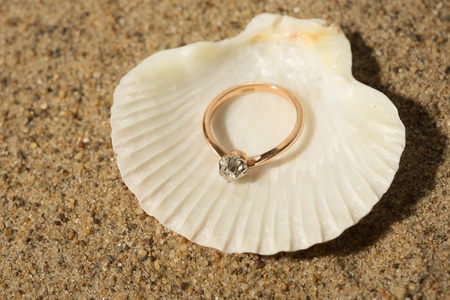 Wedding ring in a shell. Beach still life.の写真素材