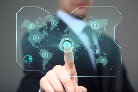 business, technology and internet concept - businessman pressing button on virtual screens
