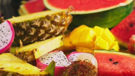 Mixed tropical fruits, closeup. fresh fruit sliced backgroundの写真素材