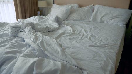 crumpled sheets and a blanket on the bed, an empty bed in the morning after sex