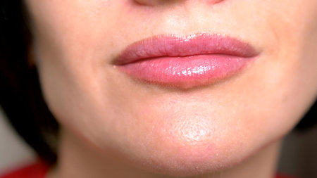 super close up. female lips with lip gloss, smile. dermatological disease of the mucous lips, Fordyce granulesの写真素材