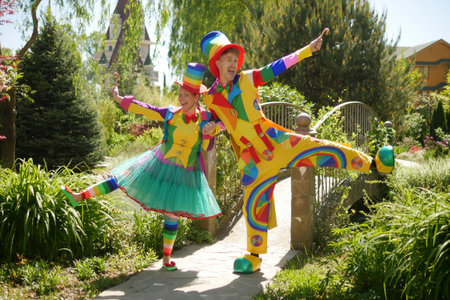 couple of funny clowns, a guy and a girl in a beautiful summer park, on a background of greeneryの写真素材