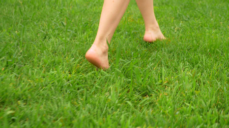 female legs walk on the green grass in the dew barefoot. close-up