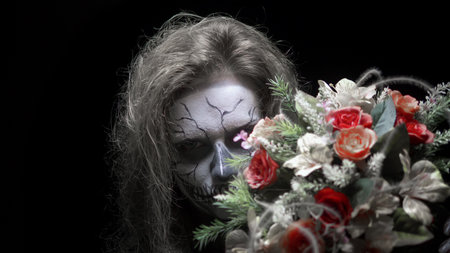 concept, beautiful makeup for halloween. Portrait of a young sexy girl with make-up of a skull and a...