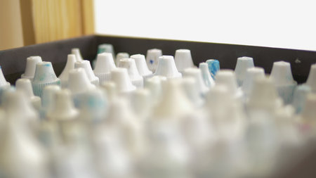 set of closed tubes with paint in a container.