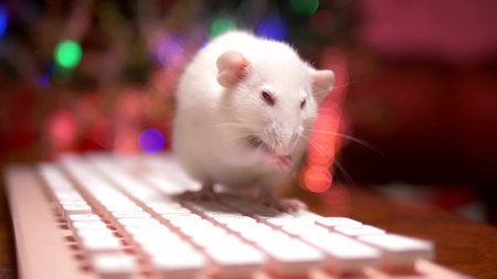 white rat and pink pc keyboard on the background of blurred illumination of a christmas tree. close-up. symbol of 2020. copy space.の写真素材