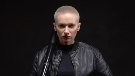 short haired blond woman in a black leather jacket with a baseball bat