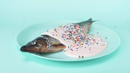 fashion food. fish herring with rhinestone, pink sauce and a colorful confettiの写真素材