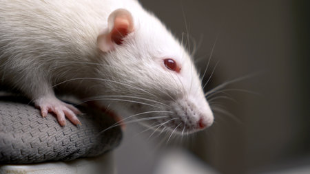 closeup portrait of a white albino rat in the apartmentの写真素材