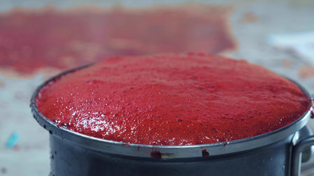 red froth pours out of the pan. making berry syrupの写真素材
